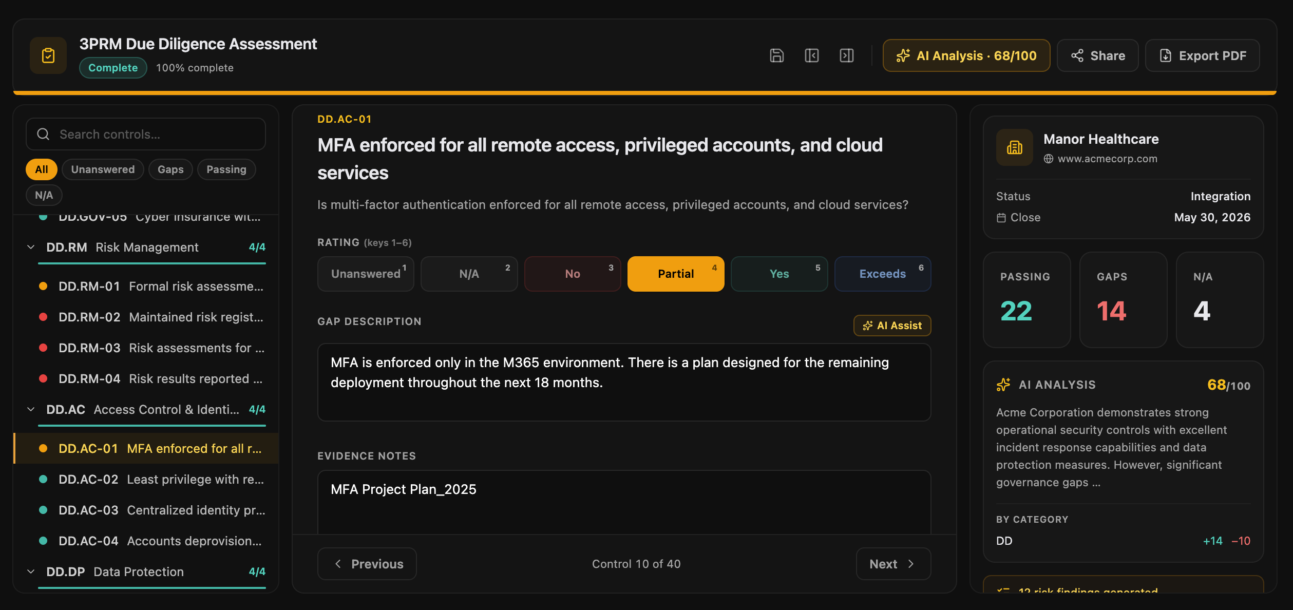 Assessment worksheet showing control-by-control evaluation with AI scoring and evidence uploads