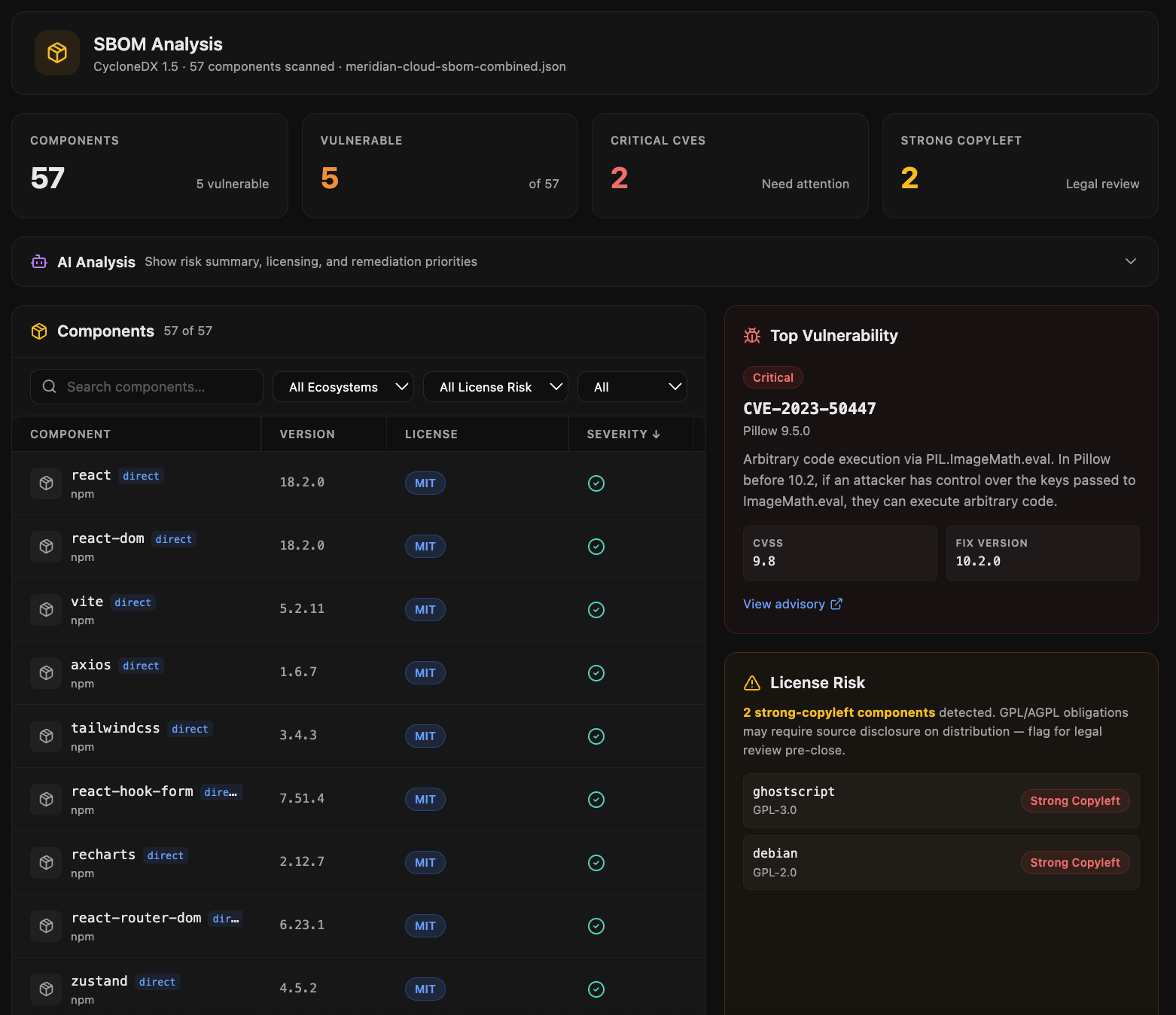 SBOM analysis and CVE breakdown