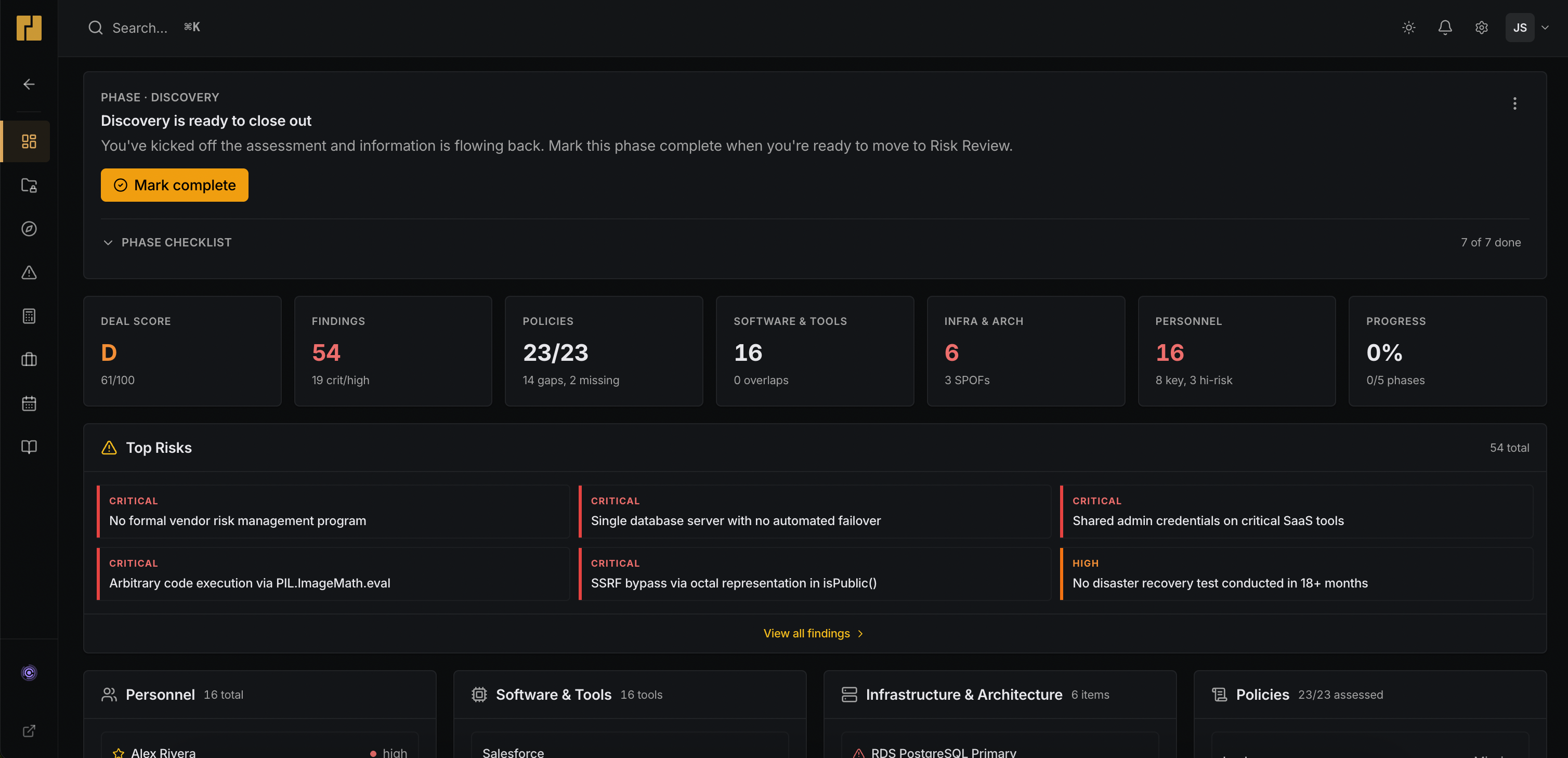 Anvil deal overview: deal score, findings, top risks, and stack inventory