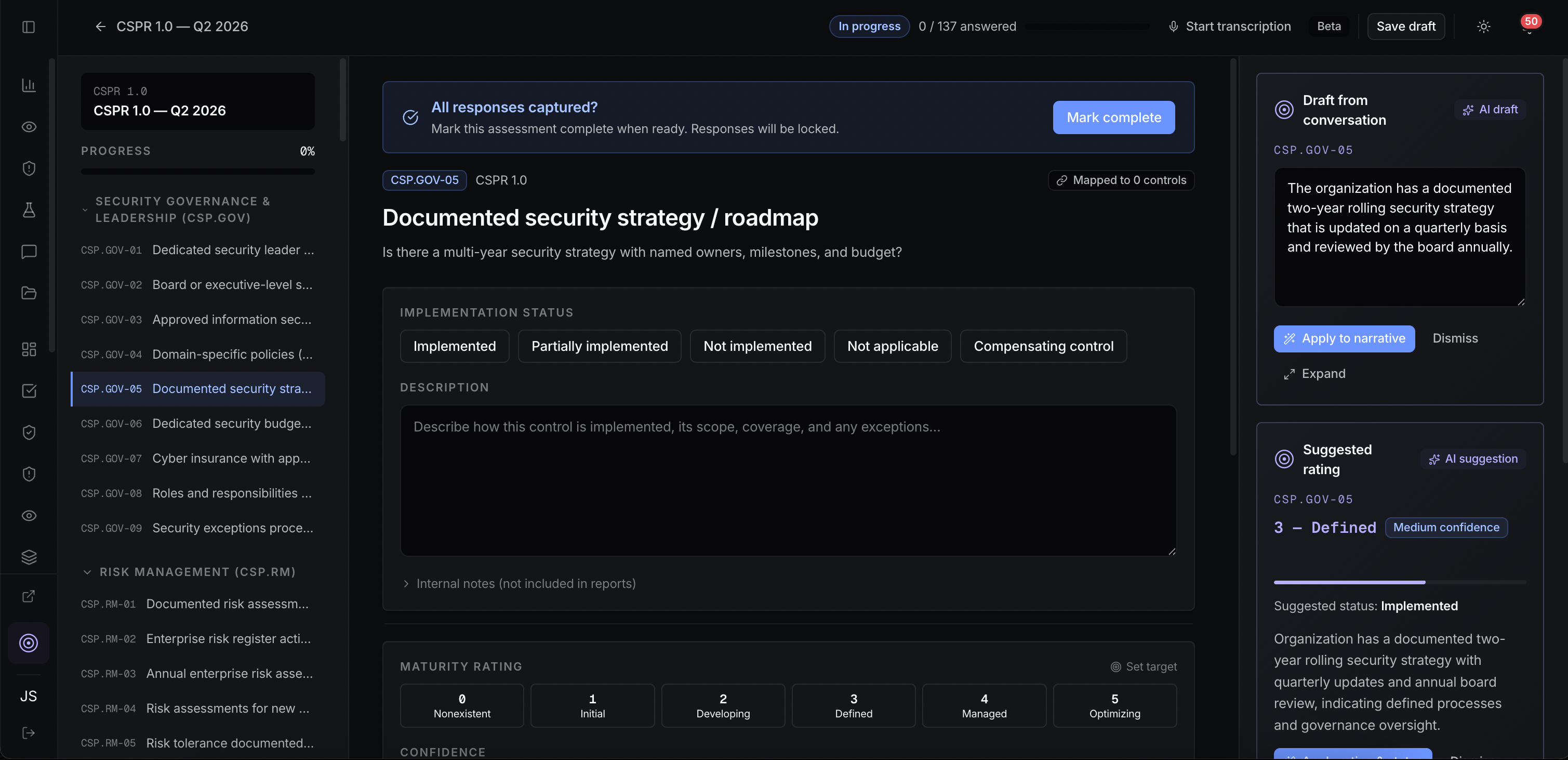 Command Security Assessments view: an in-progress CSPF 1.0 assessment with control GR-04 'Documented security strategy / roadmap' selected. Implementation Status options (Implemented, Partially implemented, Not implemented, Not applicable, Compensating control), a maturity rating scale from 0 (Nonexistent) to 5 (Optimizing), and a right-hand panel showing a 'Draft from conversation' narrative ready to apply, a suggested maturity rating of 3 (Defined) with medium confidence, and a suggested status of Implemented.